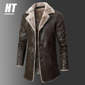 Men Brand Thick Fleece Leather Jacket Men Mid-length Winter Fashion Vintage PU Leather Coats Men High Quality Casual Faux Jacket
